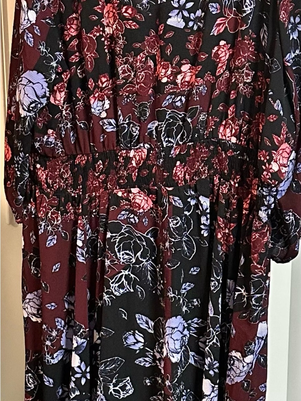 City Chic Burgundy & Black Floral Shirred Waist Long Sleeve Dress